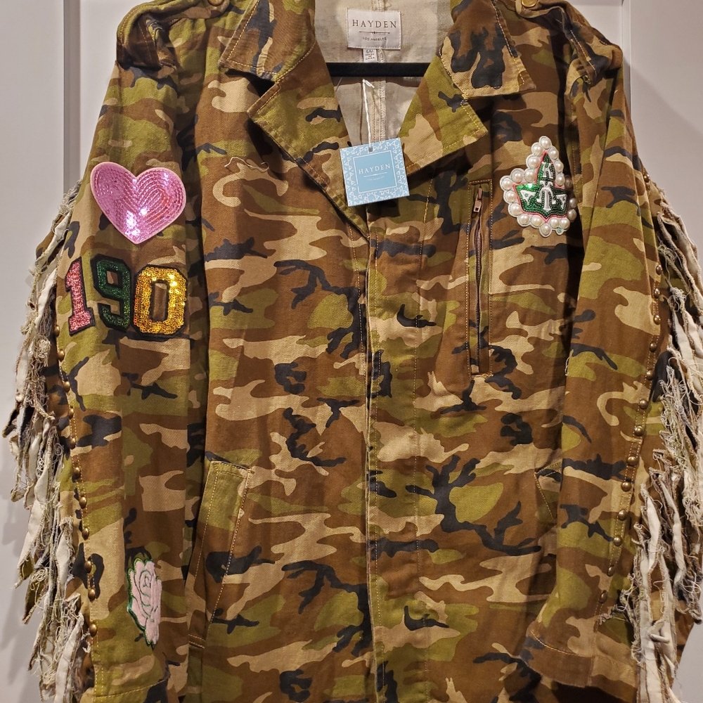 NWT Hayden Los Angeles Army Green Camo Fringe Sequin  Cotton Jacket